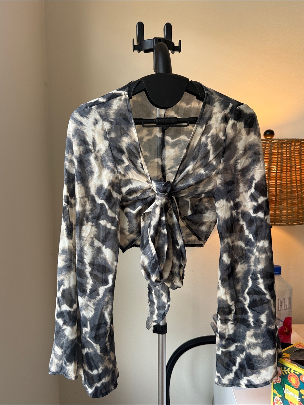 12th Tribe Black & White Tie-Front Long Sleeve Crop Top